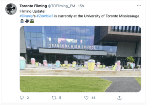 Vibrant Zombies 3 props on display outside Seabrook High School at University of Toronto Mississauga create an immersive movie experience, inviting fans to step behind the scenes and explore the colorful world of the film’s production.