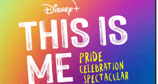 Disney+ THIS IS ME PRIDE SPECTACULAR celebration announcement on a dazzling rainbow backdrop, evoking the festive spirit of Disney parks and entertainment. Coming soon!.