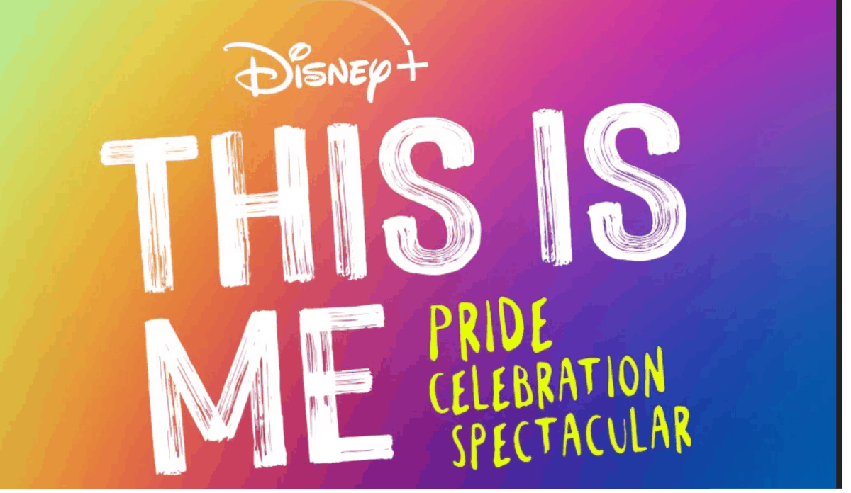 Disney+ THIS IS ME PRIDE SPECTACULAR celebration announcement on a dazzling rainbow backdrop, evoking the festive spirit of Disney parks and entertainment. Coming soon!.