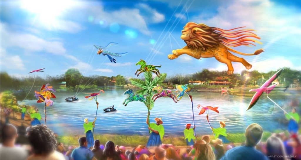 Guests at the Disney park are treated to a dazzling show as performers launch animal-shaped kites soaring above the lake, all beneath a brilliant blue sky, recapturing the breathtaking magic and wonder of Disney’s iconic nighttime spectaculars.