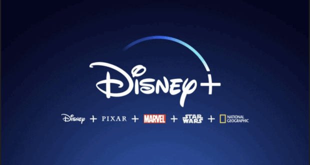 Disney+ logo set against a blue backdrop, featuring vibrant icons for Disney, Pixar, Marvel, Star Wars, and National Geographic—inviting fans to experience the magic of their favorite worlds at home with exciting new releases every Wednesday and Friday.