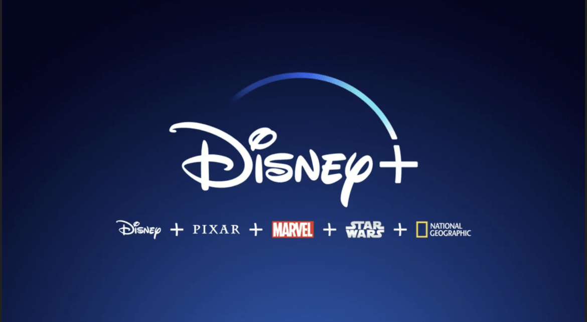 Disney+ logo set against a blue backdrop, featuring vibrant icons for Disney, Pixar, Marvel, Star Wars, and National Geographic—inviting fans to experience the magic of their favorite worlds at home with exciting new releases every Wednesday and Friday.