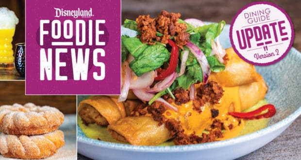 A festive spread of Disneyland enchiladas, churros, and a themed beverage with "Disneyland Foodie News: Dining Guide Update" text—spotlighting the hottest new eats and essential snacks for theme park food lovers.