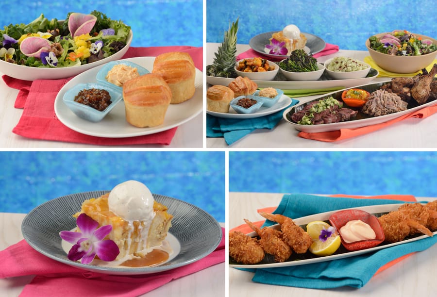 Four photos showcase vibrant, tropical-inspired cuisine served at Sebastian’s Bistro at Disney’s Caribbean Beach Resort—salads, shrimp entrees, and desserts plated on colorful napkins offer a taste of the flavorful dishes awaiting guests as the restaurant celebrates its reopening.