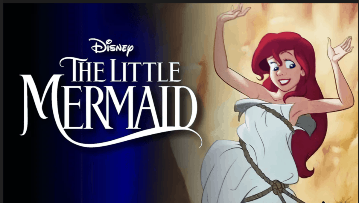 Ariel from Disney’s Live Action Little Mermaid greets guests with a bright smile and a wave, draped in her signature sail outfit, beside the film’s enchanting title logo.