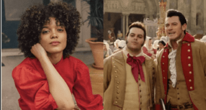 Briana Middleton leads the talented cast in Little Town, where guests can enjoy a vibrant street scene featuring a woman in a red shirt relaxing outdoors while two men dressed in historical costumes bring the immersive atmosphere to life.