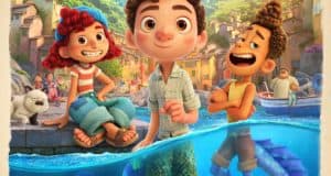 Luca and his friends from Disney+ strike a playful pose by the seaside at Pixar Pier; one dives into the water, revealing a sea creature tail—perfect for capturing that magical, adventurous spirit in your park profile avatar.