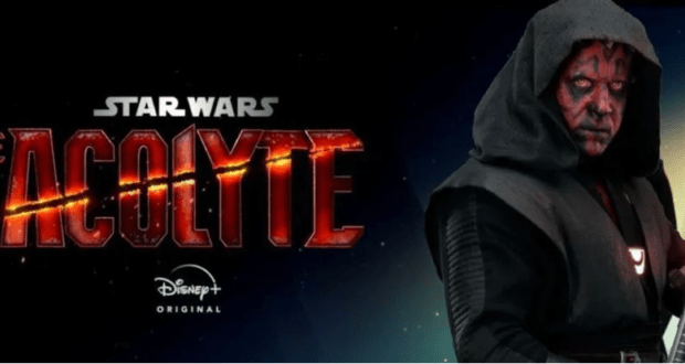 A menacing, Sith-inspired character with a glowing red lightsaber poses beside the "Star Wars: The Acolyte" Disney+ logo, capturing the thrilling dark side energy familiar to Star Wars attractions and experiences fans loved in The Phantom Menace.