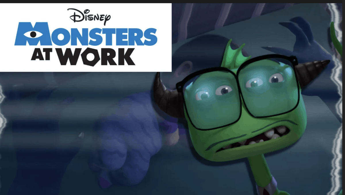 Tylor Tuskmon, the green monster with glasses from Monsters at Work, appears anxious as the Disney+ series logo is featured in the top left corner—teasing fresh scenes previewed in the newest trailer that theme park fans will recognize from Monstropolis-inspired attractions.