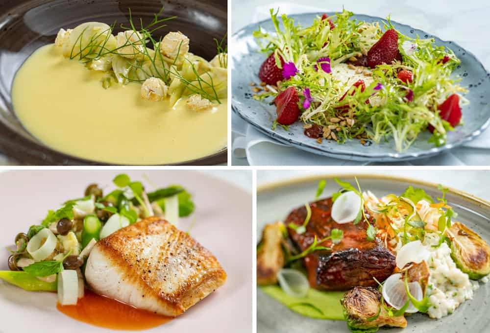Step into a culinary adventure at Disney’s Grand Floridian’s Cítricos, where four gourmet dishes await: a velvety soup, a vibrant salad topped with strawberries, expertly seared fish, and savory roasted meat with colorful vegetables—each plate capturing the magical flair of Mary Poppins Returns and offering theme park guests an unforgettable dining experience.