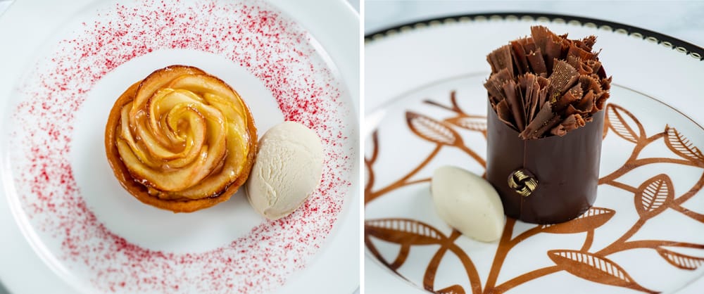Indulge in the magic of Disney’s Grand Floridian with these stunning Cítricos desserts: a Mary Poppins Returns-inspired apple tart paired with creamy ice cream, and a decadent chocolate creation crowned with chocolate shavings and a scoop of ice cream—each plated to capture the charm and elegance found only at Walt Disney World Resort.