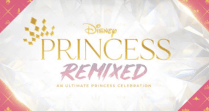Disney Princess Remix logo set against a sparkling diamond pattern backdrop and framed by a vibrant pink border, capturing the playful spirit of Disney Channel; now featured as part of Disney+ streaming entertainment for fans visiting the park or enjoying from home.