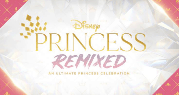 Disney Princess Remix logo set against a sparkling diamond pattern backdrop and framed by a vibrant pink border, capturing the playful spirit of Disney Channel; now featured as part of Disney+ streaming entertainment for fans visiting the park or enjoying from home.