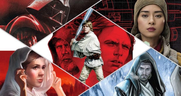 A vibrant montage of iconic Star Wars characters, featuring a Jedi and Stormtrooper striking dramatic poses, captures the excitement of a galaxy far, far away—a thrilling preview for fans visiting Star Wars: Galaxy’s Edge this summer.