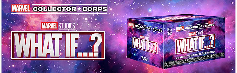 Marvel Collector Corps "What If...?" Mystery Box showcased against a cosmic backdrop, featuring the dynamic Marvel What If logo and the themed box displayed prominently to the side—perfect for fans of immersive superhero experiences.