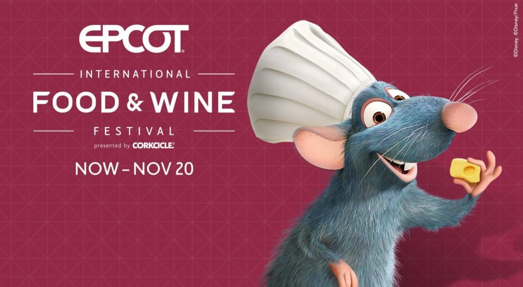 Remy from Ratatouille, sporting his chef’s hat and holding a wedge of cheese, stands by the EPCOT International Food & Wine Festival sign alongside enthusiastic Cast Members eager to greet festival guests.