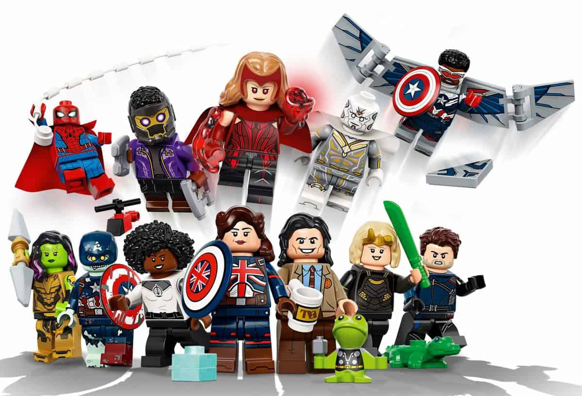 Step into the Marvel Universe with twelve LEGO Marvel minifigures inspired by hit Disney+ Series, featuring your favorite superheroes and villains assembled for an epic photo op against a white backdrop—perfect for fans of thrilling theme park adventures and cinematic entertainment.