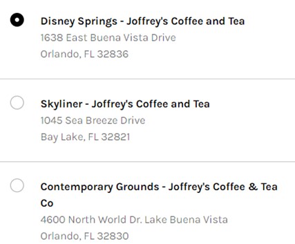 Three Joffrey's Coffee & Tea locations, each with their address, are displayed—one marked with a filled circle to show it's chosen. Make your next Disney day even easier by using Mobile Ordering to pick up your favorite drinks and treats at Joffrey's in the parks.