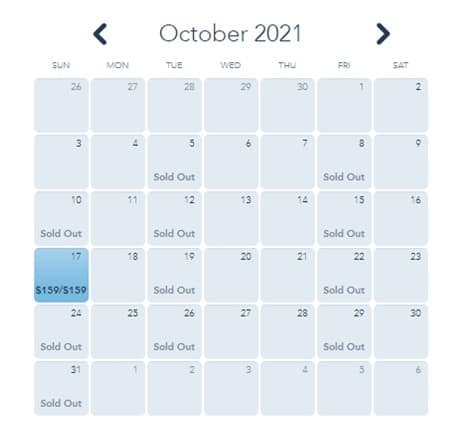 October 2021 Boo Bash calendar at Magic Kingdom showing every event night sold out except October 17, with that date available for $159.