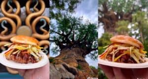 A hand showcases the famous Disney Pulled Pork Jelly Doughnut Sandwich in front of Animal Kingdom’s iconic Tree of Life, its massive trunk entwined with sculpted branches and lush green leaves.