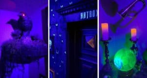 Step into a trio of hauntingly fun scenes straight out of your favorite theme park: a red-eyed raven reminiscent of Disney’s Haunted Mansion caws from its perch, the iconic "Hatbox" door evokes ghostly tales and hidden rooms you’d find in classic attractions, and a crystal ball glows among flickering candles like Madame Leota’s seance—perfect inspiration for fans looking to bring that immersive park magic home.