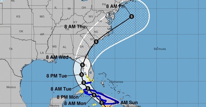 Hurricane path map highlighting Tropical Storm Elsa’s projected track along the U.S. East Coast, with date and time markers, showing possible shifts near Central Florida attractions like Disney World and Universal Orlando.