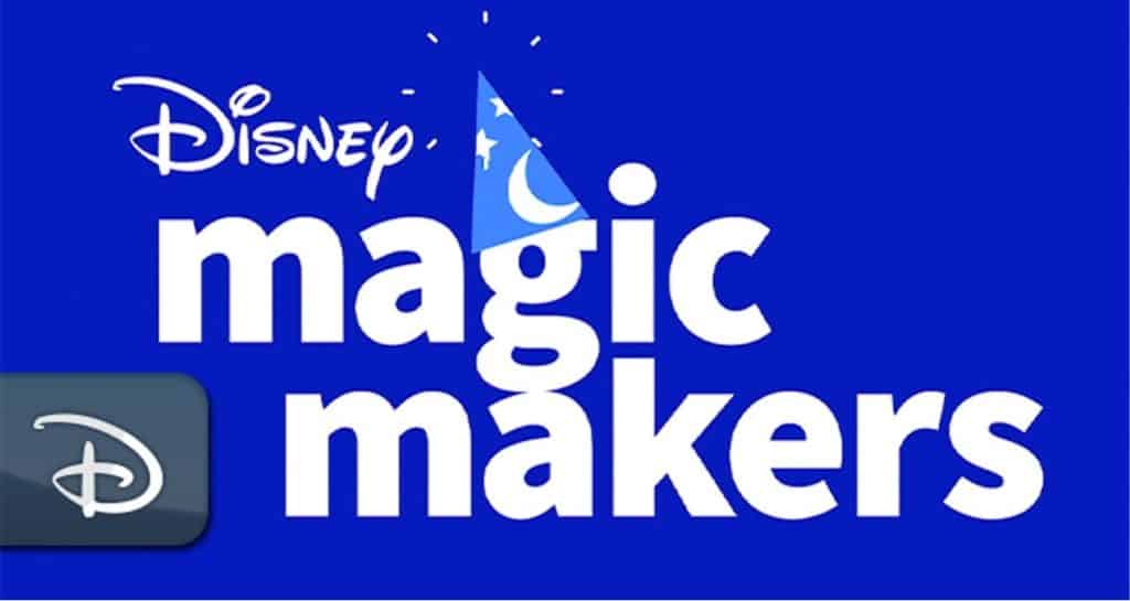 Disney Magic Makers logo on a vibrant blue background, featuring a classic Disney blue wizard hat as the "i" in "magic," highlighting Walt Disney World’s 50th anniversary festivities and infusing extra sparkle into your magical park giveaways.