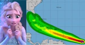 A worried theme park guest stands next to a vibrant weather map tracking Tropical Storm Elsa as it approaches Florida, with colorful forecasts highlighting the Caribbean and Atlantic near popular attractions.