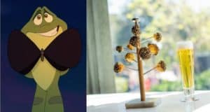 Prince Naveen as a dapper animated frog greets guests on the left, while to the right, a whimsical tree stand displays Frog Leg Lollipops next to a frosty beer—capturing the vibrant spirit of Disney Springs.