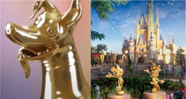 Golden statues from the Disney Fab 50 collection—including Pluto, Dante, Mickey, and Minnie Mouse—gleam in the sun near Cinderella Castle at Walt Disney World.