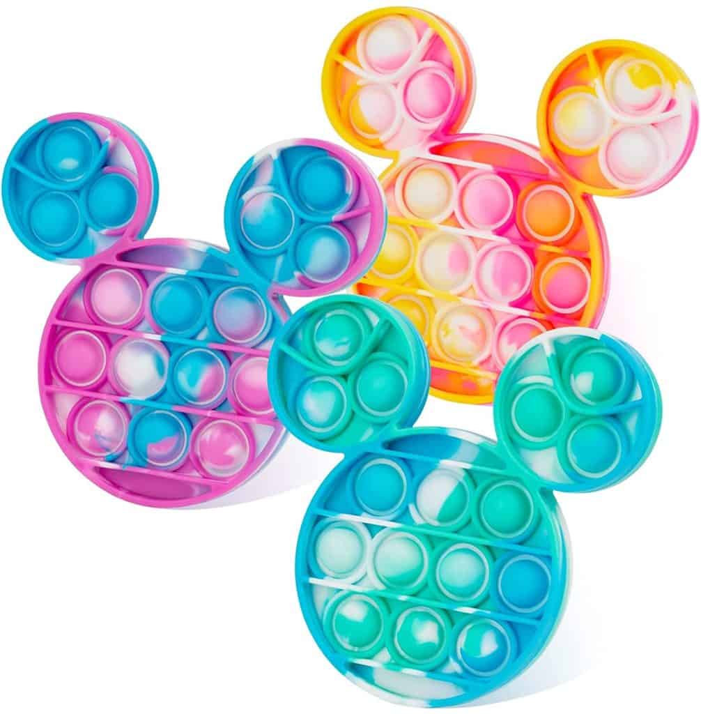 Mickey Mouse-shaped tie-dye bubble push toys, bursting with the magic of Disney, in swirling pink, blue, yellow, and green marble patterns—perfect souvenirs to bring a splash of color from the parks home with you.