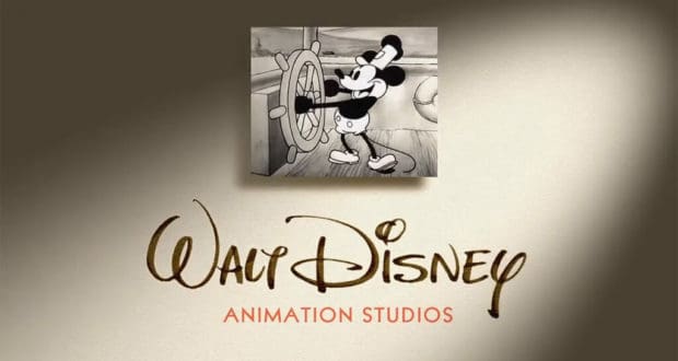 Walt Disney Animation Studios logo featuring the iconic black-and-white Mickey Mouse at the ship’s wheel, just like guests see when entering Disney Parks, representing the magical legacy that inspires every animated adventure.