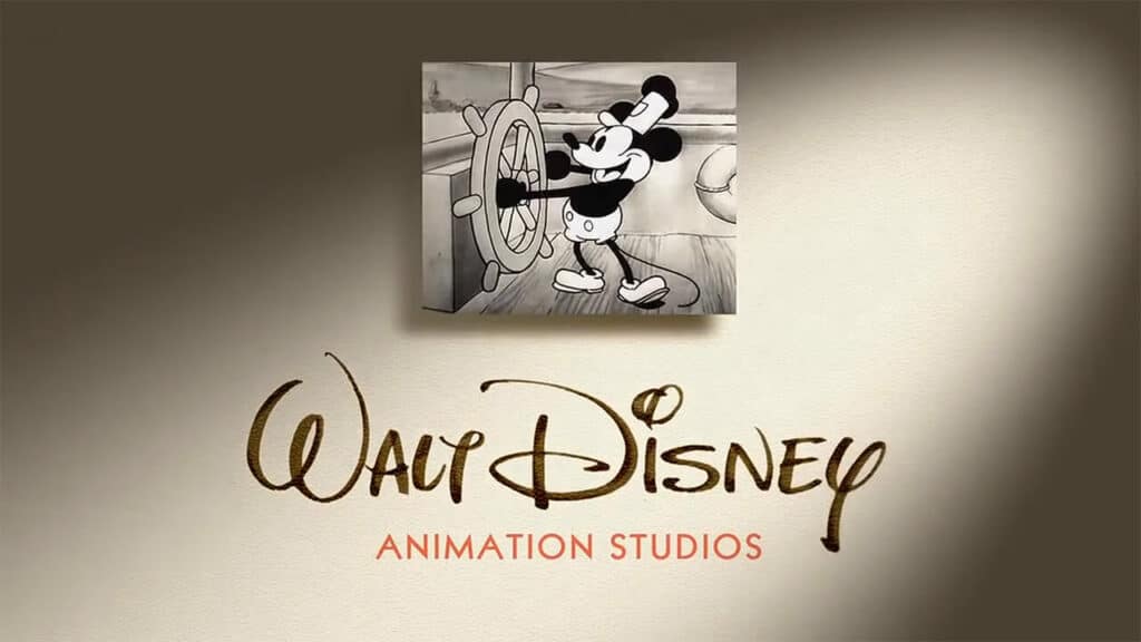 Walt Disney Animation Studios logo featuring the iconic black-and-white Mickey Mouse at the ship’s wheel, just like guests see when entering Disney Parks, representing the magical legacy that inspires every animated adventure.