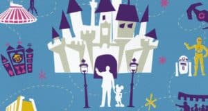 Whimsical illustration featuring Cinderella Castle, silhouettes of Mickey Mouse and a visitor, playful robots, and iconic Disney park attractions set against a blue backdrop—capturing the magic and imaginative spirit celebrated in Behind the Attraction, with creative inspiration from legendary Disney Imagineers Dave Durham and Jeanette Lomboy.