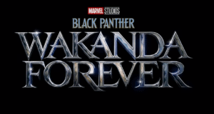 Black Panther: Wakanda Forever movie logo in striking metallic text on a sleek black background, spotlighting Michaela Coel’s breakout role as seen in the film’s cinematic experience at Disney parks and attractions.