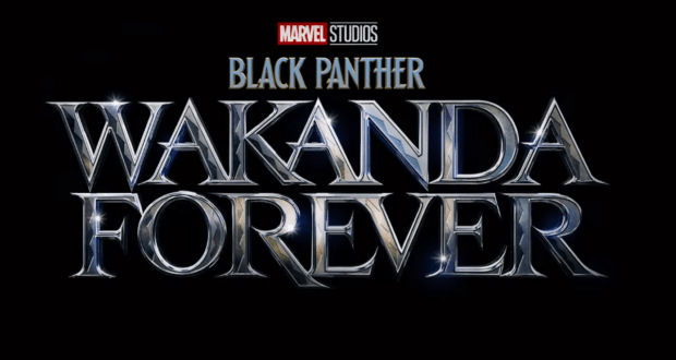 Black Panther: Wakanda Forever movie logo in striking metallic text on a sleek black background, spotlighting Michaela Coel’s breakout role as seen in the film’s cinematic experience at Disney parks and attractions.