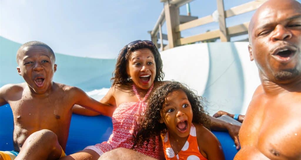 Guests experience the thrill of Blizzard Beach as a family of four races down a signature waterslide, each member grinning and laughing with pure Disney excitement.