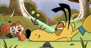 Chip and Dale from Chip 'n' Dale appear in a vibrant Park Life forest setting as they enthusiastically greet Pluto, who lounges sleepily on the grass.