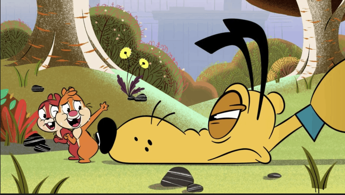 Chip and Dale from Chip 'n' Dale appear in a vibrant Park Life forest setting as they enthusiastically greet Pluto, who lounges sleepily on the grass.