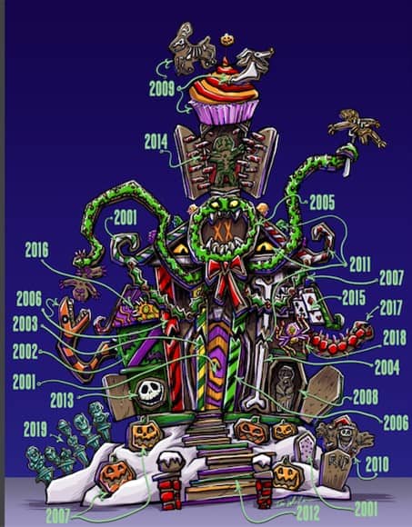 The Haunted Mansion is decked out in vibrant Disney-themed Halloween and Christmas decor, with each display tagged by year from 2001 to 2019, showcasing the enchanting comeback of the iconic Gingerbread Houses that fans anticipate each season.