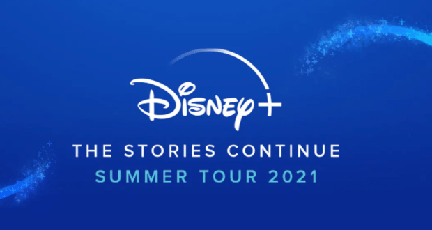Disney+ The Stories Continue Summer Tour 2021 logo displayed on a vibrant blue backdrop with shimmering sparkles, capturing the energetic thrill and immersive adventure Disney fans can expect as magical stories unfold all summer at Disney destinations.