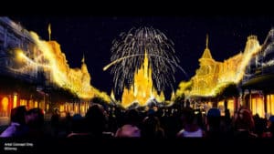 Fireworks light up the sky above Cinderella Castle at Magic Kingdom as fans gather to celebrate Disney’s 50th Anniversary, creating a dazzling and festive atmosphere in the heart of the park.