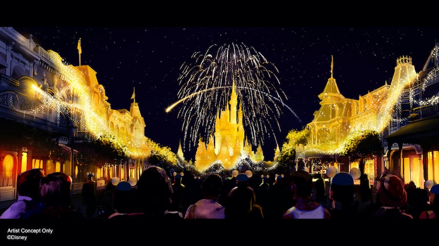 Fireworks light up the sky above Cinderella Castle at Magic Kingdom as fans gather to celebrate Disney’s 50th Anniversary, creating a dazzling and festive atmosphere in the heart of the park.