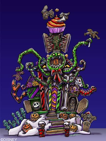 A whimsical, Disney-inspired Halloween gingerbread house decorated with vibrant pumpkins, curling tentacles, festive wreaths, and a playful cupcake topper, all designed in a cartoon style reminiscent of the enchanting seasonal displays found at Disney Parks.