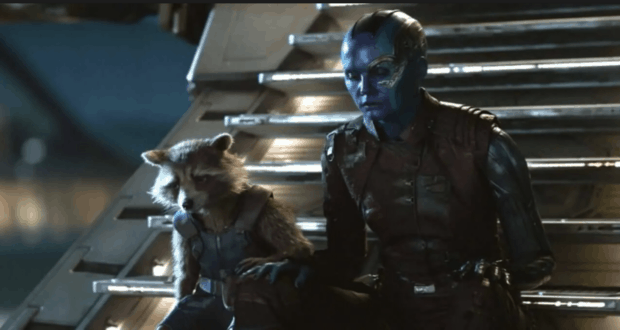 Rocket Raccoon and Nebula share a quiet moment on futuristic metal stairs, capturing the friendship and adventure vibe straight from Guardians of the Galaxy Vol. 3.