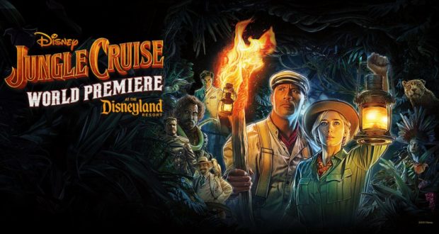 Jungle Cruise World Premiere poster showcasing iconic Disneyland explorers with a torch and lantern, venturing through vibrant jungle scenery in celebration of the attraction’s adventurous spirit.
