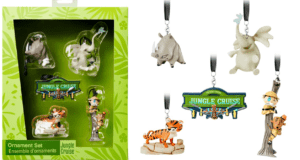 Jungle Cruise ornament set featuring iconic river animals, the classic Jungle Cruise sign, and a safari skipper in adventure-themed packaging straight from the world of Disney Parks.