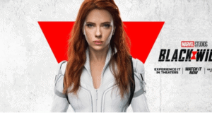 Black Widow in her iconic white suit poses before a striking red triangle, flanked by the "Black Widow" movie title and Marvel logos, inviting fans to discover exclusive Black Widow collectibles and Marvel gear—perfect for theme park visitors and entertainment enthusiasts.