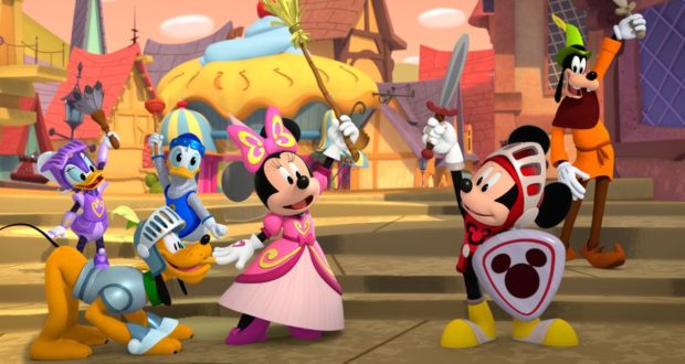 Mickey Mouse and his friends appear as brave knights and elegant royalty, brandishing swords and beaming with excitement in a vibrant town square, recreating the magic of Funhouse right in the heart of Disney World—capturing all the energy of a cinematic theme park adventure.
