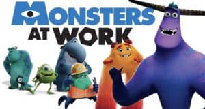 Beloved Monsters, Inc. characters gather in front of the "Monsters at Work" logo, grinning and waving to guests as if welcoming them into Monstropolis for a fun-filled workplace comedy adventure.